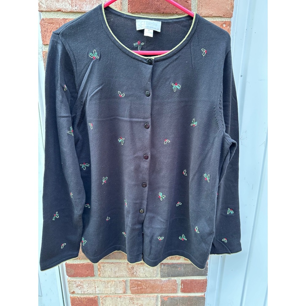 CJ Banks Womens XL Black Cotton Cardigan Sweater Holly Berry Christmas Holiday